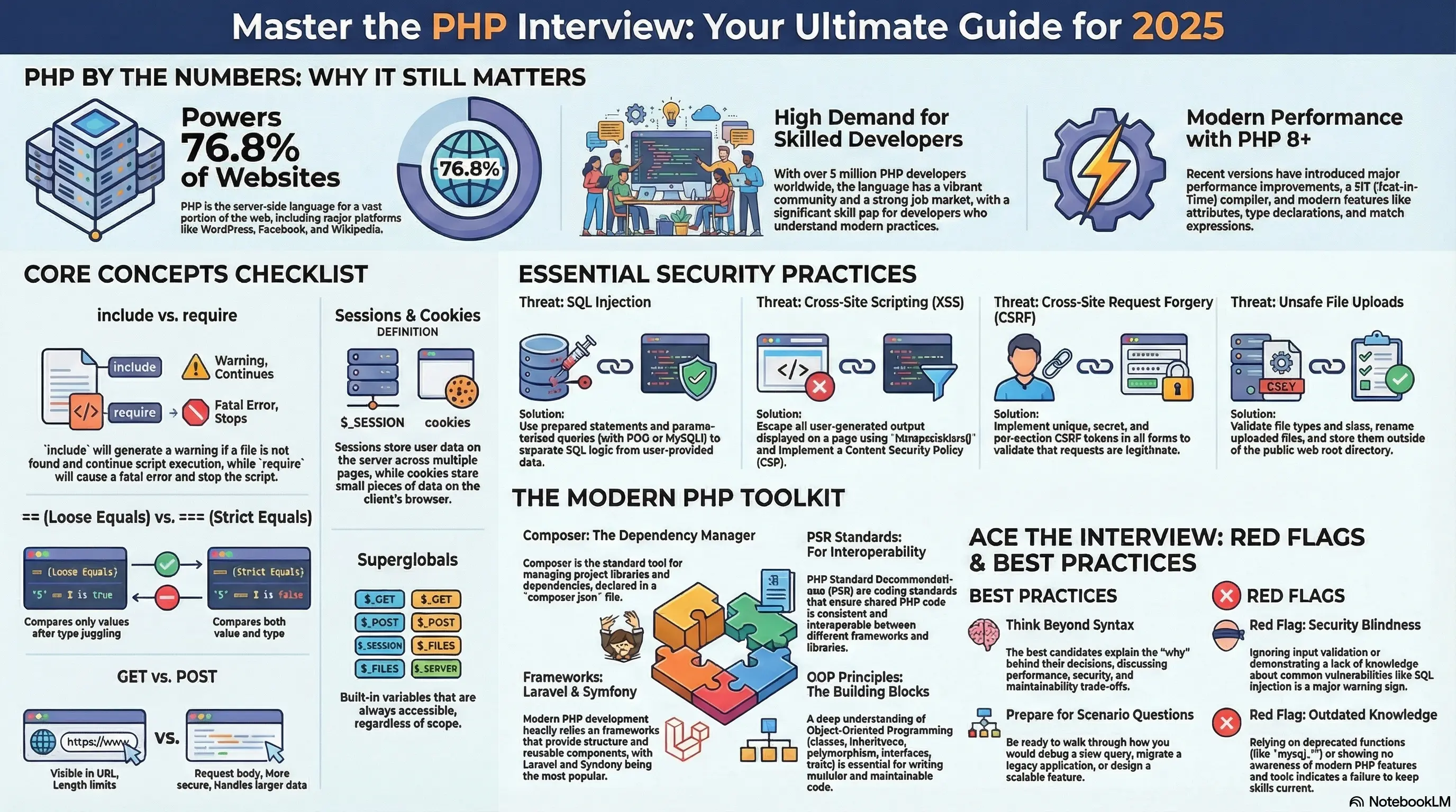 Master the PHP Interview: Your Ultimate Guide for 2025 - Comprehensive infographic covering PHP interview questions, core concepts, security practices, modern PHP toolkit, and interview best practices
